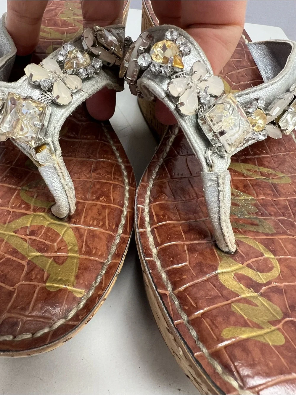 Sam Edelman Silver Jeweled Cork Wedge Thong Sandals Women’s 7.5
